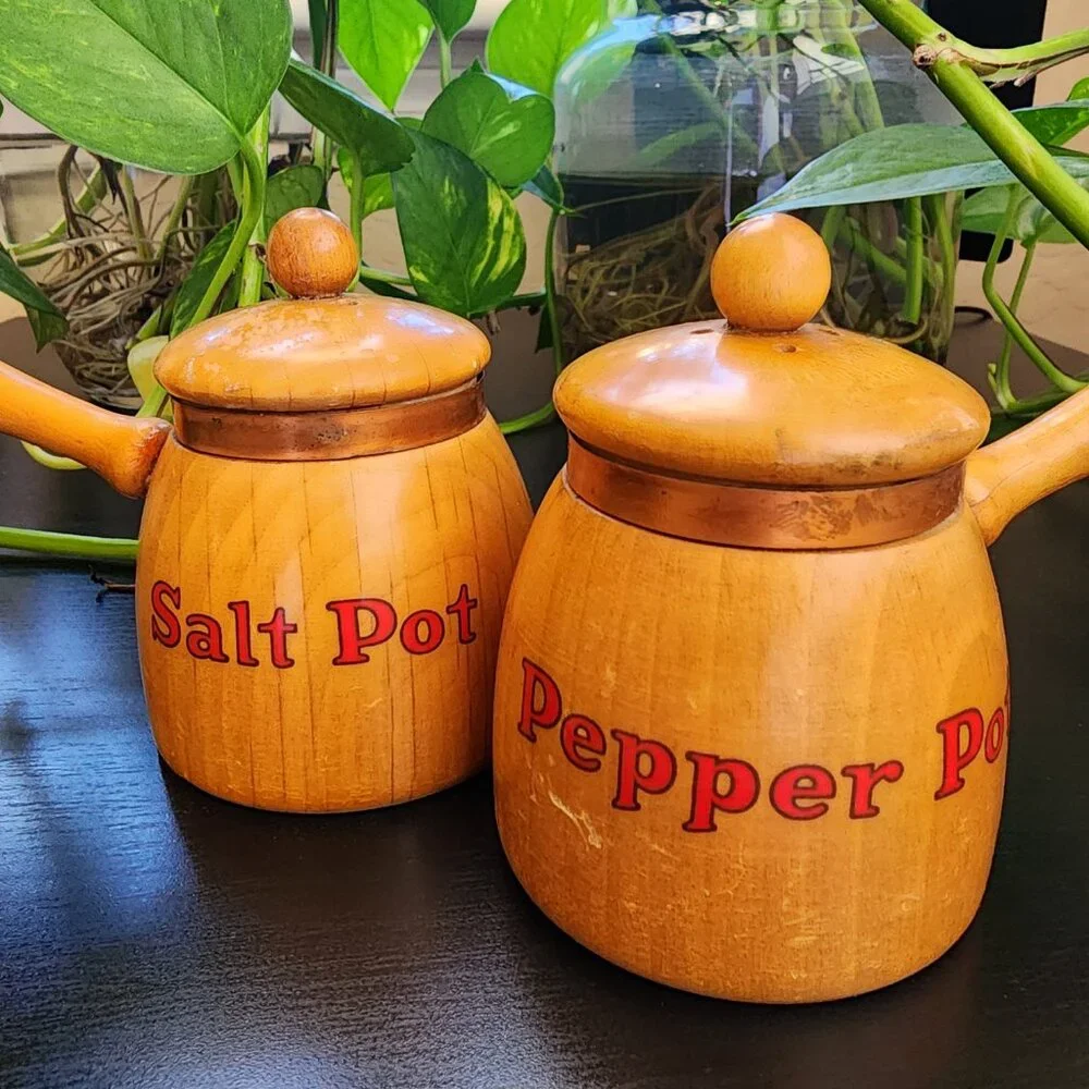 Vintage Salt Pot & Pepper Pot Handled Copper Accent MCM Wood Shakers